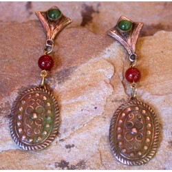 VNE6788e  Earth Patina Brass Vintage Moroccan Motif Earrings- Carnelian, Jade