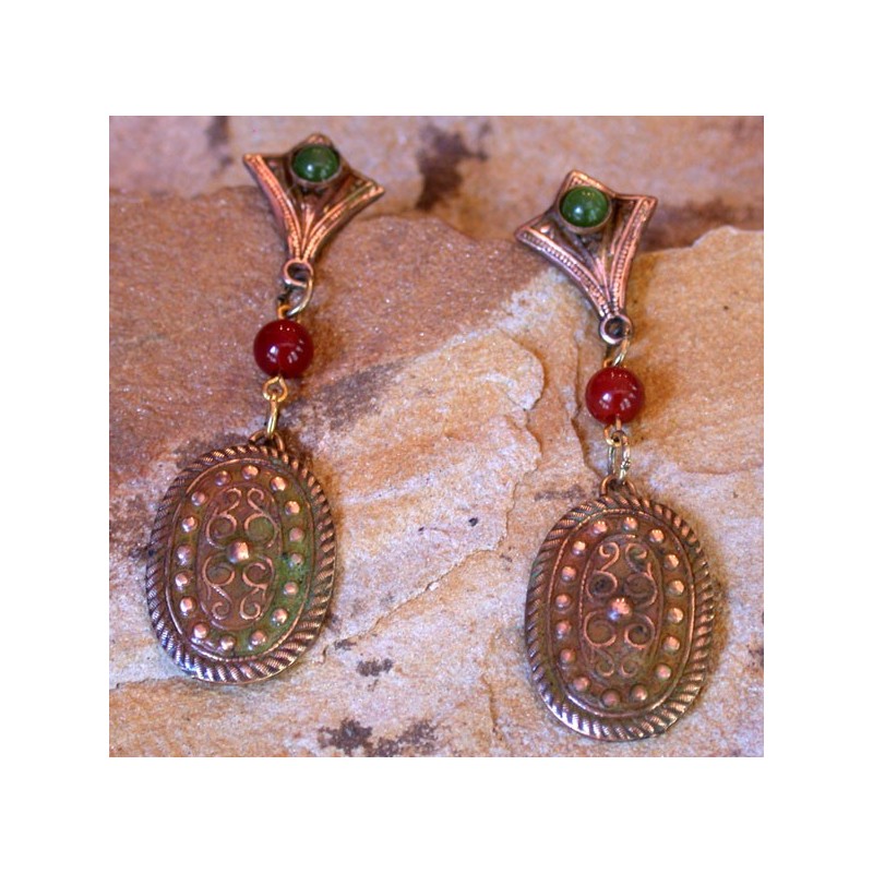 VNE6788e Earth Patina Brass Vintage Moroccan Motif Earrings- Carnelian, Jade VNE6788e Earth Patina Brass Vintage Moroccan Motif Earrings- Carnelian, Jade