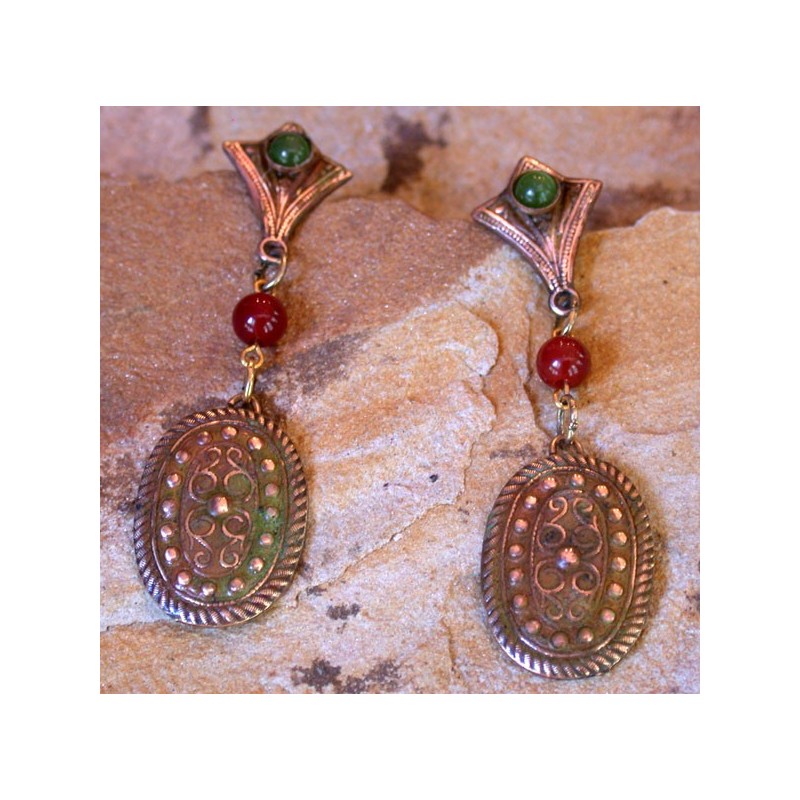 VNE6788e  Earth Patina Brass Vintage Moroccan Motif Earrings- Carnelian, Jade