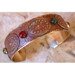 VNE6788bc  Earth Patina Brass Vintage Moroccan Motif Cuff - Carnelian, Jade