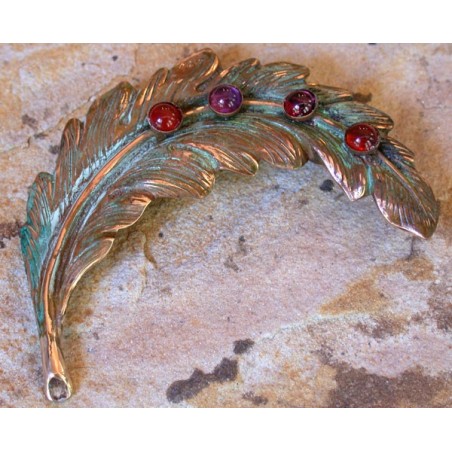 NO2327p Olive Patina Brass Flowing Quill Pin - Amethyst, Carnelian, Garnet