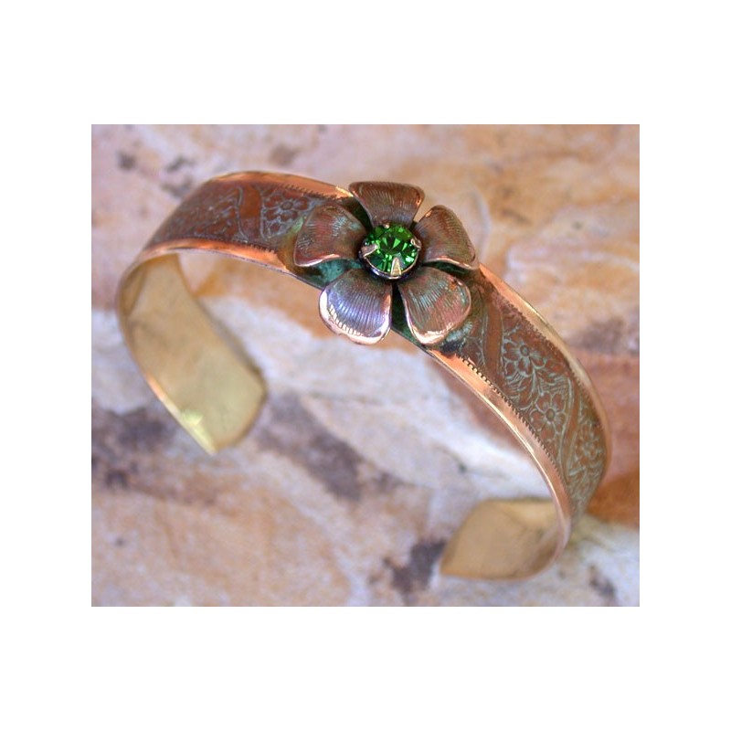 NAO24bcCR Olive Patina Solid Brass Cherokee Rose Cuff - Fern Swarovski Crystal