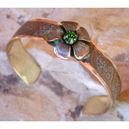 NAO24bcCR Olive Patina Solid Brass Cherokee Rose Cuff - Fern Swarovski Crystal