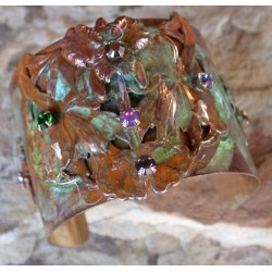 NAO90cf Olive Patina Brass Orchid Floral Cuff - Swarovski Crystals