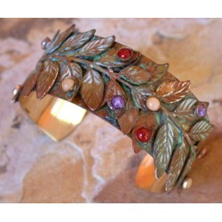 NAO2969bcOlive Patina Brass Bayberry Branch Cuff - Aragonite, Carnelian, Chariote