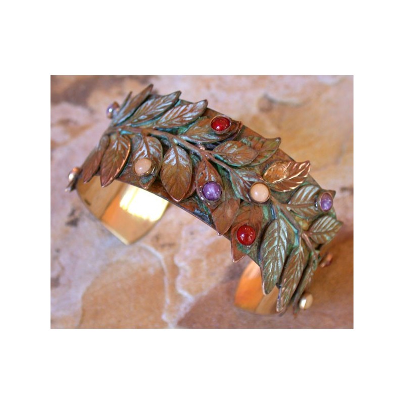 NAO2969bcOlive Patina Brass Bayberry Branch Cuff - Aragonite, Carnelian, Chariote