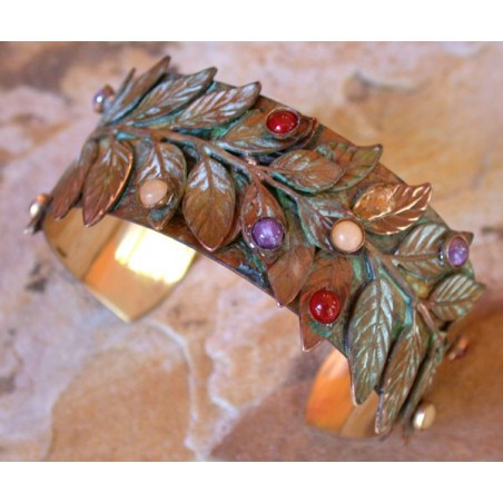 NAO2969bcOlive Patina Brass Bayberry Branch Cuff - Aragonite, Carnelian, Chariote