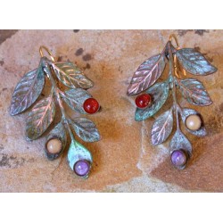 NAO2969e Olive Patina Solid Brass Bayberry Branch Earrings - Aragonite, Carnelian, Chariote