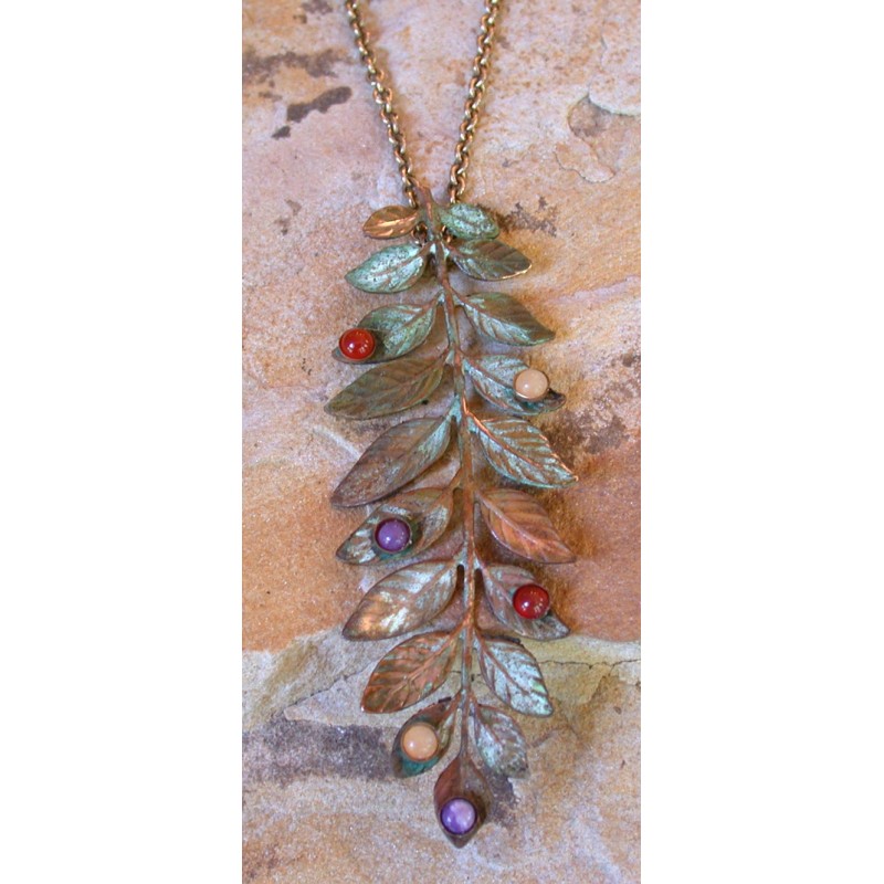 NAO2969pd Olive Patina Solid Brass Bayberry Branch Pendant - Aragonite, Chariote, Carnelian