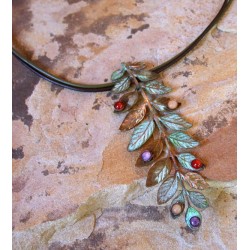 NAO2969pdLE Olive Patina Solid Brass Bayberry Branch Pendant - Aragonite, Chariote, Carnelian
