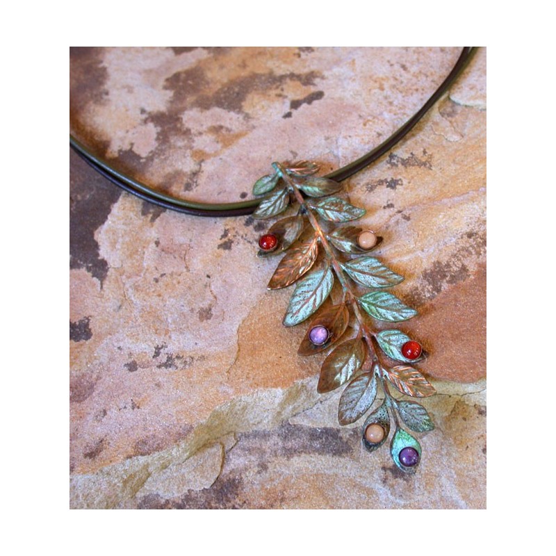 NAO2969pdLE Olive Patina Solid Brass Bayberry Branch Pendant - Aragonite, Chariote, Carnelian NAO2969pdLE Olive Patina Solid Brass Bayberry Branch Pendant - Aragonite, Chariote, Carnelian