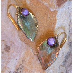 NAO8776e Olive Patina Solid Brass Sculptural Leaf Earrings - Charoite