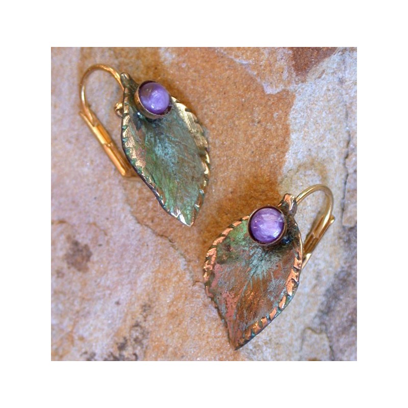 NAO8776e Olive Patina Solid Brass Sculptural Leaf Earrings - Charoite NAO8776e Olive Patina Solid Brass Sculptural Leaf Earrings - Charoite
