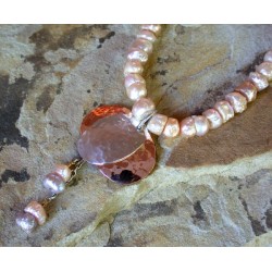 TRM30nPE Copper and Sterling Layered Bimetal Overlapping Ovals Necklace - Lavender and Pink Baroque Pearls