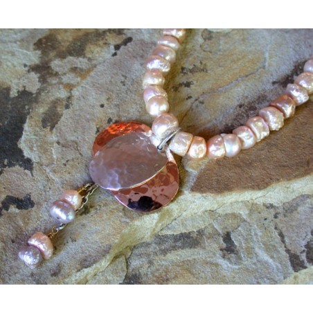 TRM30nPE Copper and Sterling Layered Bimetal Overlapping Ovals Necklace - Lavender and Pink Baroque Pearls