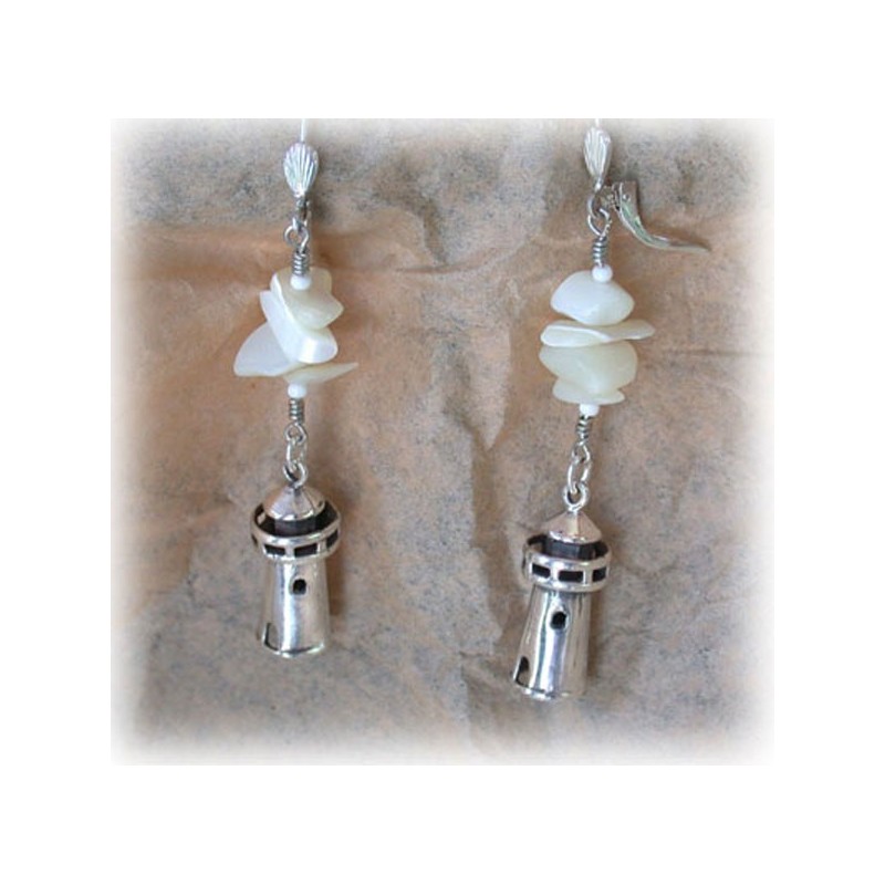 CCS75e Lost Wax Cast Sterling Lighthouse Dangle Earrings - Mother of Pearl