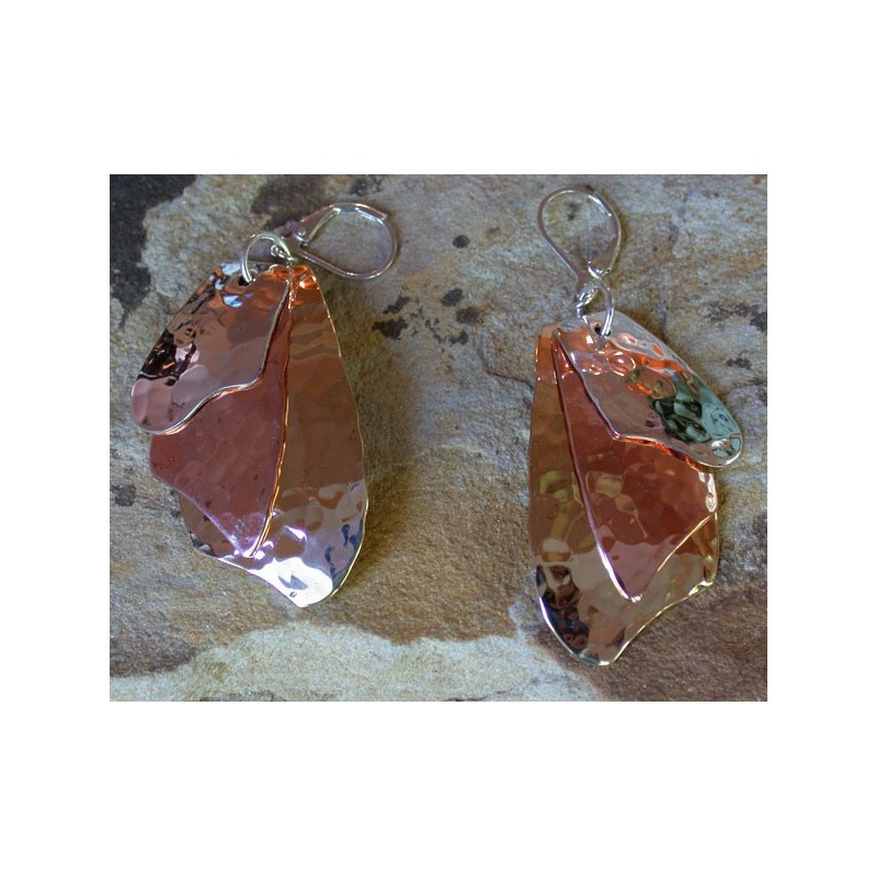 TRM1427e Brass, Copper and Sterling Layered Trimetal Asymmetrical Dangle Earrings