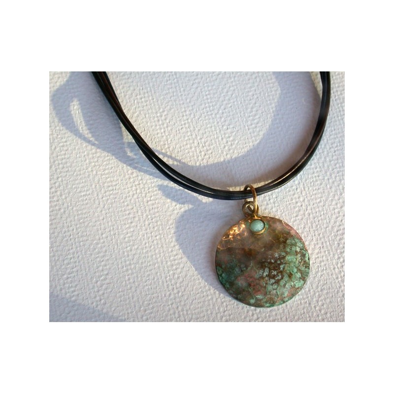 TDP 46pd Verdigris Patina Hand Hammered Textured Brass Circle Pendant on Tri-color Rawhide - Light Amazonite TDP 46pd Verdigris Patina Hand Hammered Textured Brass Circle Pendant on Tri-color Rawhide - Light Amazonite