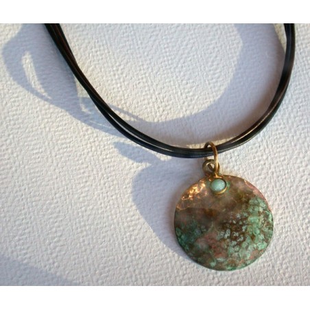 TDP 46pd Verdigris Patina Hand Hammered Textured Brass Circle Pendant on Tri-color Rawhide - Light Amazonite