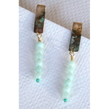 TDP 482e Verdigris Patina Hand Hammered Textured Brass Earrings - Light Amazonite