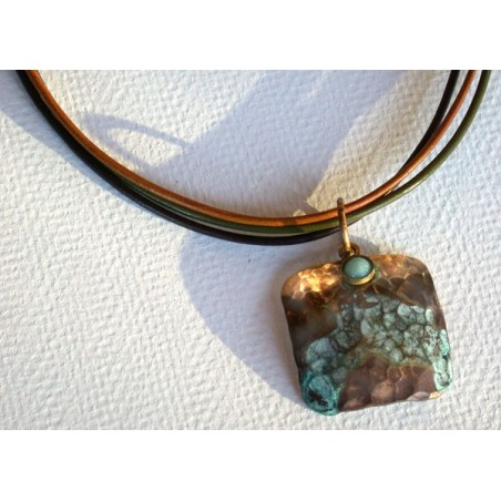 TDP 43pd Verdigris Patina Hand Hammered Textured Brass Tag Pendant on Tri-color Rawhide - Light Amazonite