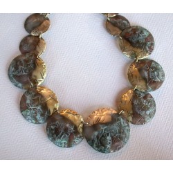 TTP 303n  Verdigris Patina Solid Brass Textured Tealeaf Graduated Domed Circles Necklace 