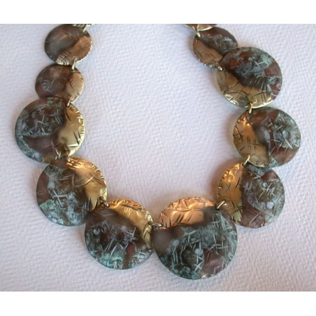 TTP 303n  Verdigris Patina Solid Brass Textured Tealeaf Graduated Domed Circles Necklace 