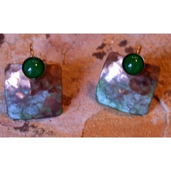 TDP 888eJD Verdigris Patina Hand Hammered Brass Domed Square Earrings  -  Green Jade