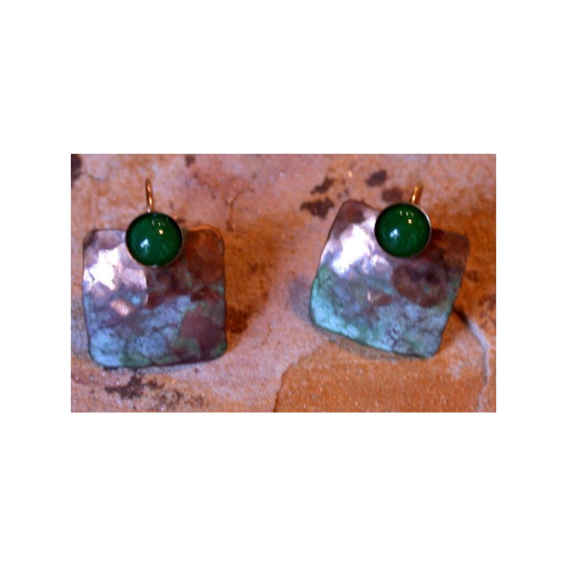 TDP 888eJD Verdigris Patina Hand Hammered Brass Domed Square Earrings  -  Green Jade