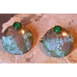 TDP 482e Verdigris Patina Hand Hammered Textured Brass Earrings - Green Jade