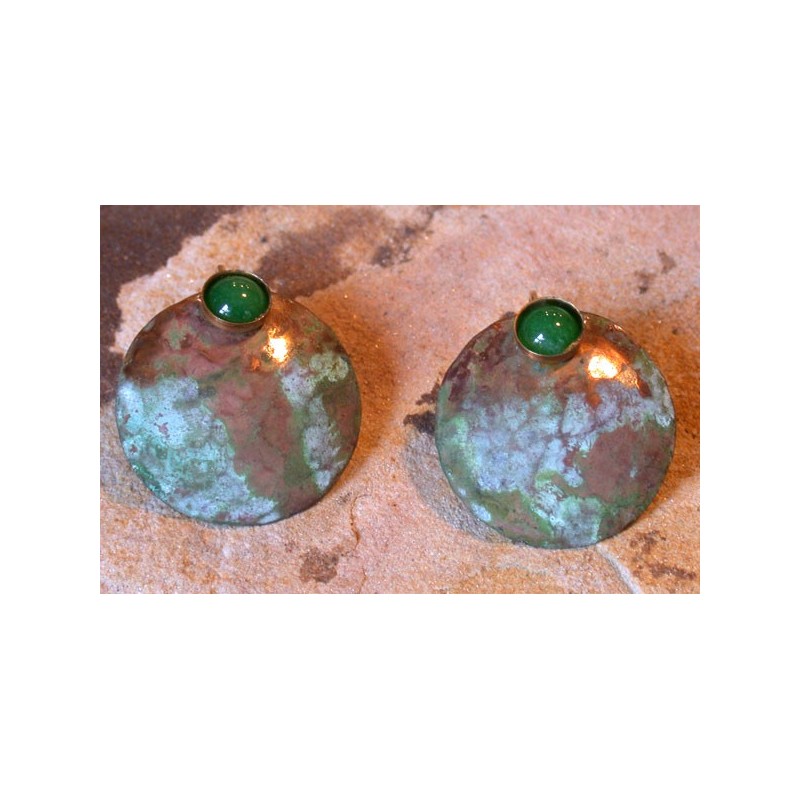 TDP 482e Verdigris Patina Hand Hammered Textured Brass Earrings - Green Jade