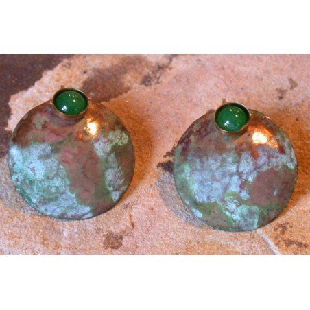 TDP 482e Verdigris Patina Hand Hammered Textured Brass Earrings - Green Jade