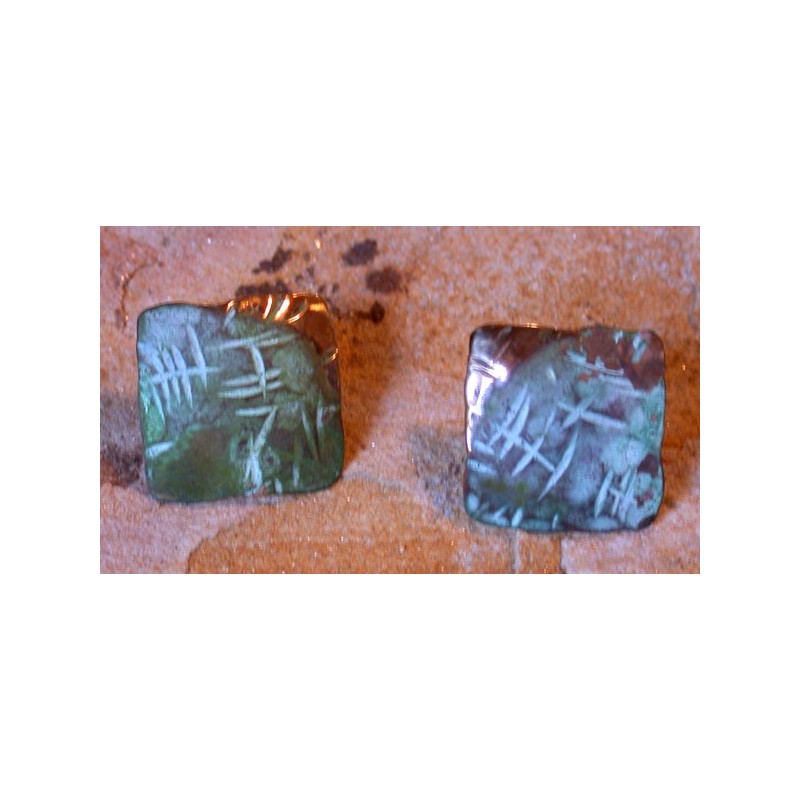 TTP 102e Verdigris Patina Brass Contemporary Small Domed Square Textured Tealeaf Earrings