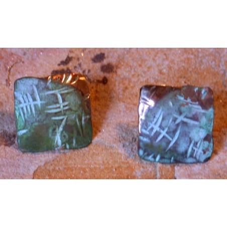 TTP 102e Verdigris Patina Brass Contemporary Small Domed Square Textured Tealeaf Earrings