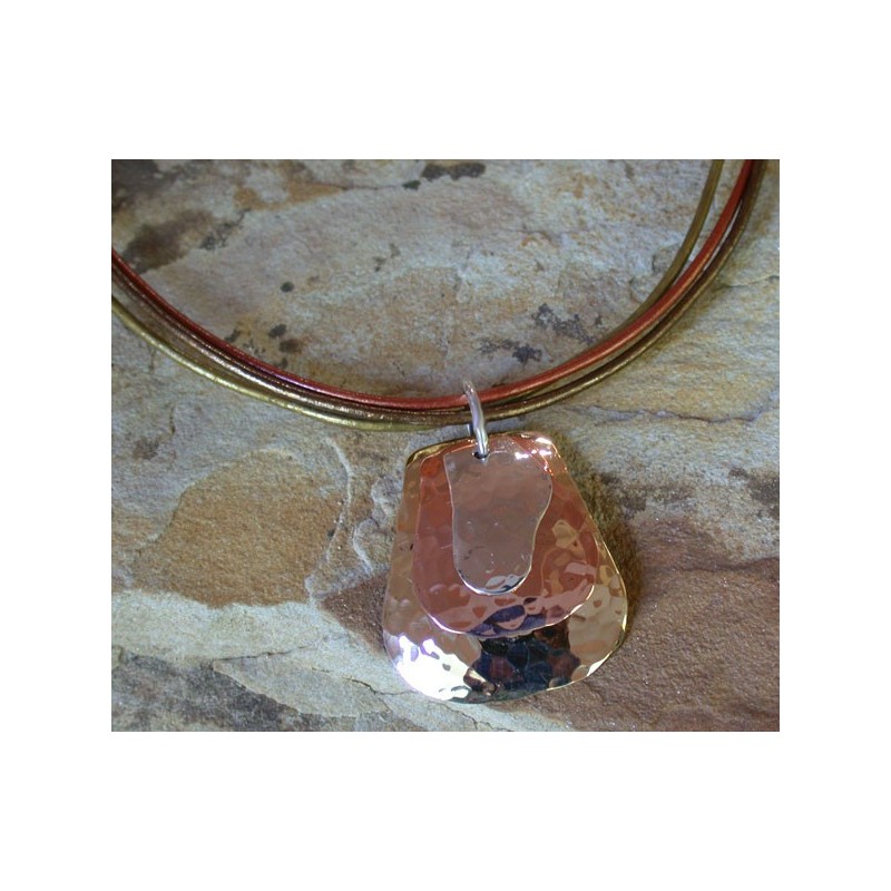 TRM127pd Brass, Copper and Sterling Layered Trimetal Pendant on Rawhide