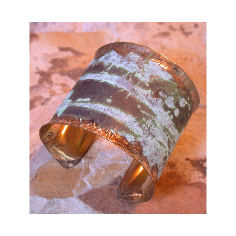 TTP 605bcSP Splash Verdigris Patina Hand forged Brass 2 Inch Wide Cuff - Textured Tealeaf Lip Detailing