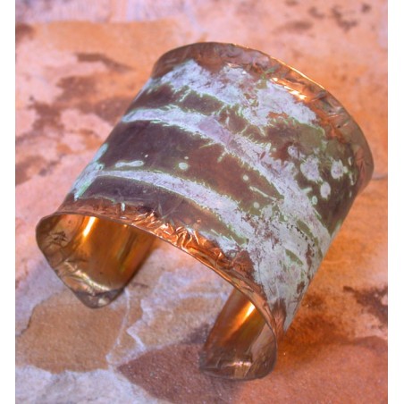 TTP 605bcSP Splash Verdigris Patina Hand forged Brass 2 Inch Wide Cuff - Textured Tealeaf Lip Detailing