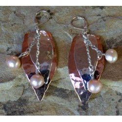 TRM1327e Copper and Sterling Layered Abstract Leaves Dangle Earrings - Pink Pearls