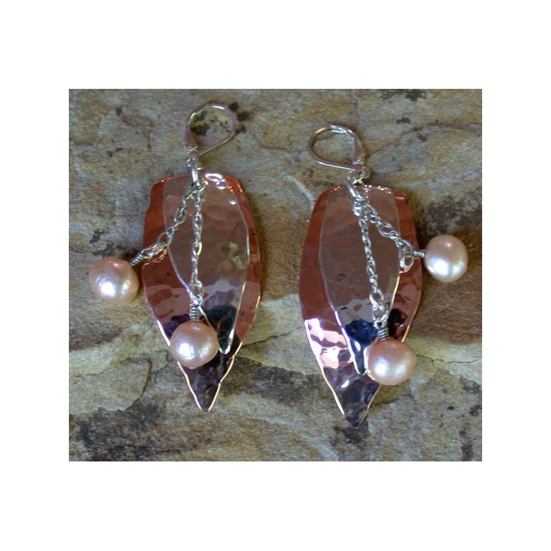 TRM1327e Copper and Sterling Layered Abstract Leaves Dangle Earrings - Pink Pearls