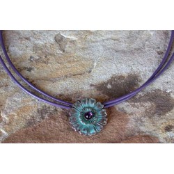 NAP2660pd Verdigris Patina Solid Brass Small Zinnia Floral Pendant - Amethyst