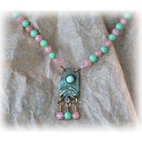 DIP940n Lost Wax Cast Brass Verdigris Patina Directions Series Necklace - Amazonite, Rhodochrosite