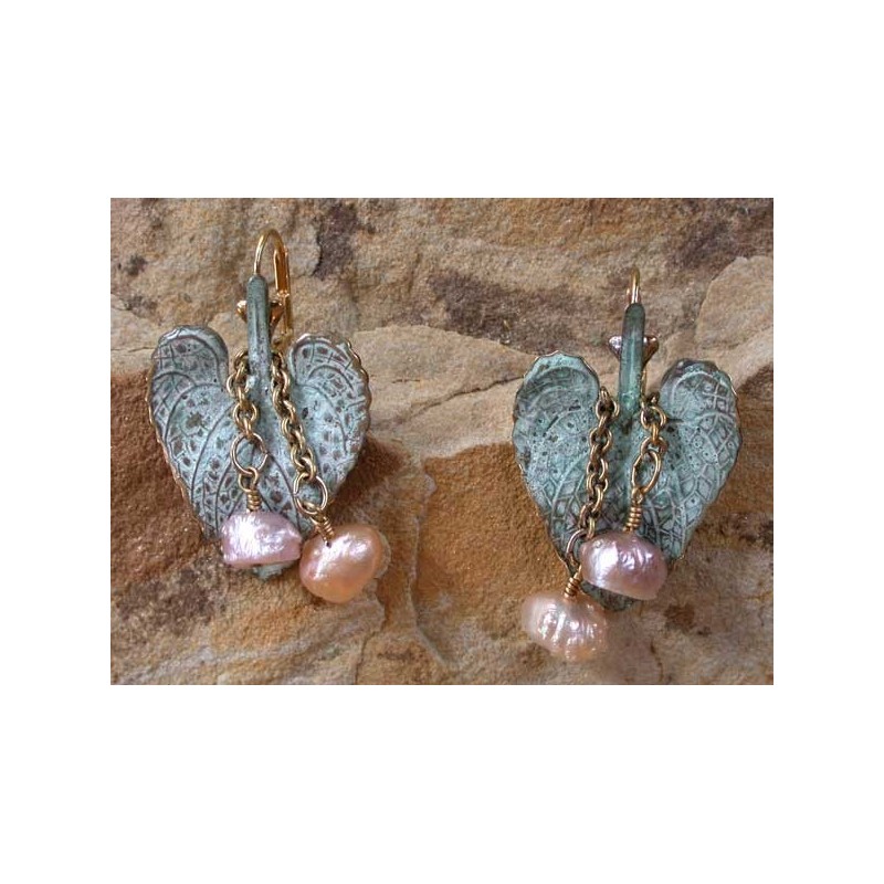 NW46e White Patina Brass Double Philodendron Leaf Earrings - Lavender, Pink Pearls