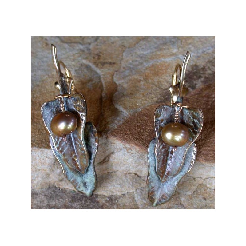 NW3463e White Patina Brass Double Philodendron Leaf Earrings - Bronze Pearls