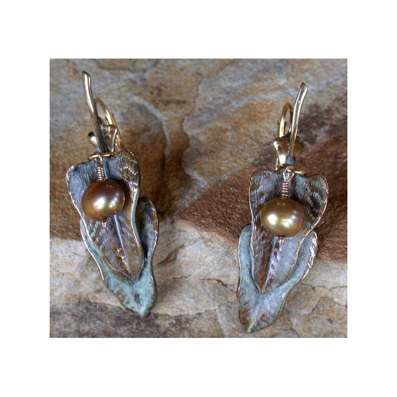 NW3463e White Patina Brass Double Philodendron Leaf Earrings - Bronze Pearls NW3463e White Patina Brass Double Philodendron Leaf Earrings - Bronze Pearls