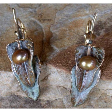 NW3463e White Patina Brass Double Philodendron Leaf Earrings - Bronze Pearls