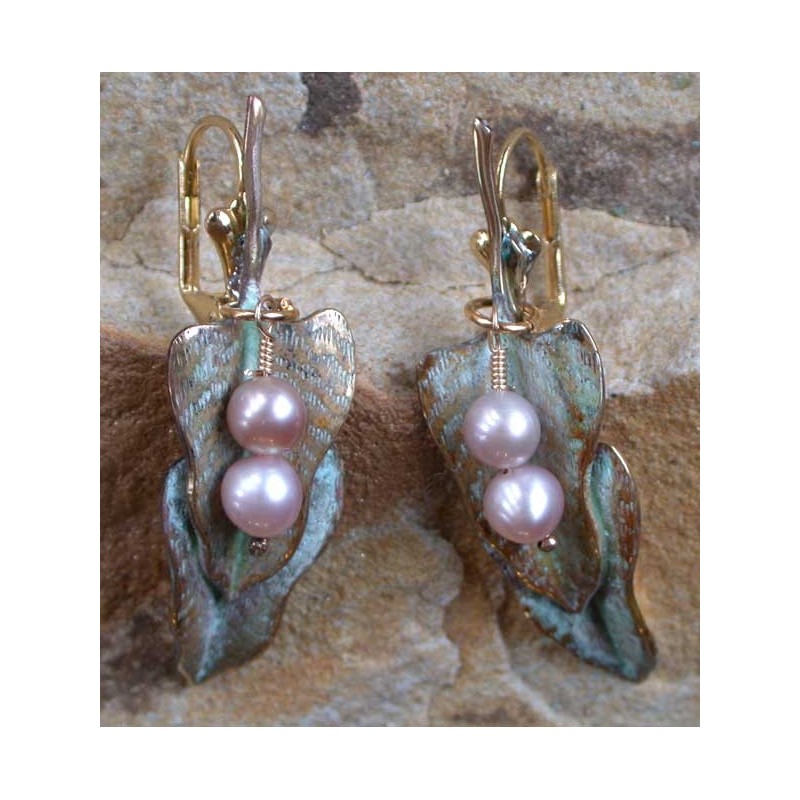 NW3463e White Patina Brass Double Philodendron Leaf Earrings - Bronze Pearls
