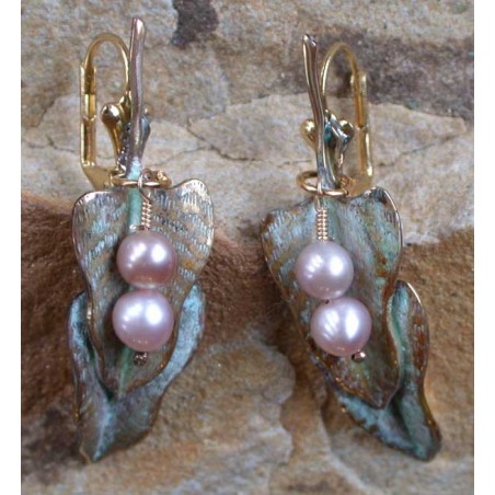 NW3463e White Patina Brass Double Philodendron Leaf Earrings - Bronze Pearls