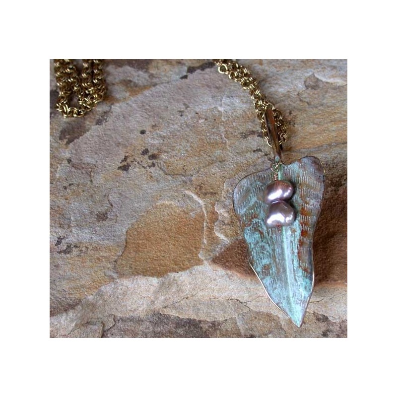 NW3463pd White Patina Brass Philodendron Leaf Pendant - Bronze Pearls NW3463pd White Patina Brass Philodendron Leaf Pendant - Bronze Pearls