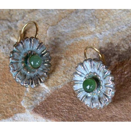 NAW2661e White Patina Solid Brass Small Zinnia Floral Earrings - Nephrite Jade