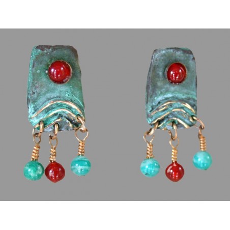 DIP942e Lost Wax Cast Brass Verdigris Patina Directions Series Earrings - Amazonite, Carnelian